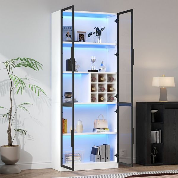Merax Glasvitrine Standvitrine Hochschrank mit LED-Beleuchtung & 5-stufiger Stauraum (Weinschrank Sideboard Hochschrank, 1-St) Vitrine mit 2 Glastüren, Glasregal & integriertem Weinfach,80x35x200cm