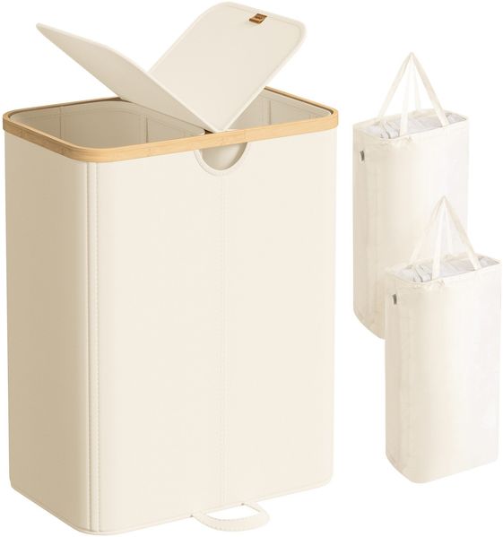 SONGMICS Wäschekorb 2 Fächer, Wäschesammler, 150 Liter, Wäschesortierer mit Deckel, Wäschetonne, Wäschesäcke herausnehmbar, für Waschküche, Schlafzimmer, Wohnzimmer, cremeweiß-naturbeige