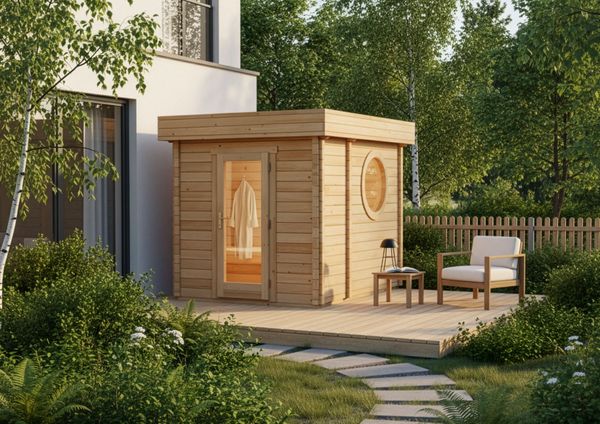 FinnTherm 'Cubus-70 B' Saunahaus mit 3 Sitzbänken, Holz natur, 257 x 321 x 264 cm