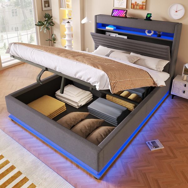 Polsterbett mit LED-Streifen, Stauraum, Schrank, USB und Type-C, 140x200 cm, gepolsterter Kopfteil mit Schrank, Einzelbett, Stauraumbett, Leinen