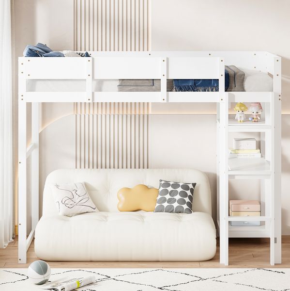 Weißes Hochbett 90x200 cm Aus Massivem Kiefernholz Mit Schutzgeländer Und Ablageregal Platzsparendes Kinderbett Etagenbett Mit Stauraum Kieferholz Hochbett Sicherheitsbett Jugendzimmer Raumoptimierung