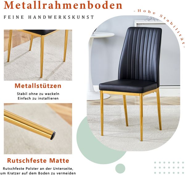 Stuhl 4er-Set Schwarz/Gold, PU-Leder mit vergoldeten Metallbeinen, ergonomische Rückenlehne,43x42.5x92.5 cm Bild 6