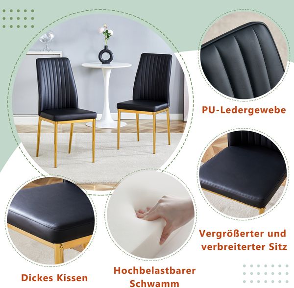 Stuhl 4er-Set Schwarz/Gold, PU-Leder mit vergoldeten Metallbeinen, ergonomische Rückenlehne,43x42.5x92.5 cm Bild 5