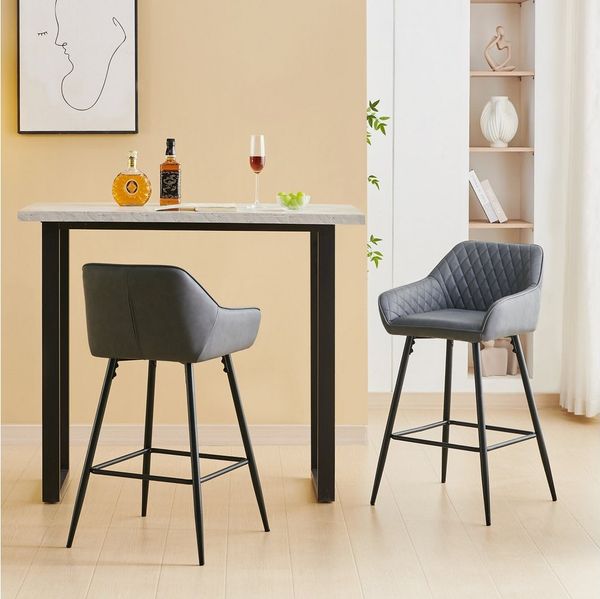 JYMTOM Barhocker Kunstleder Barhocker, 2er-Set, Barstühle mit gepolsterter Sitz, Rücken-/Armlehnen und Metallbeinen für Küche,Bar,Esszimmer.(2,grau)