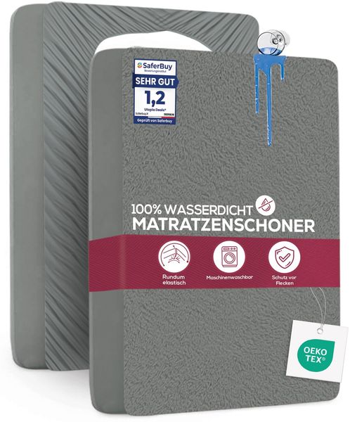 Utopia Bedding Matratzenschoner 150 x 200 x 40 cm Wasserdicht, Oeko-TEX Zertifiziert Matratzenauflage Atmungsaktive, Matratzenschutz, Rundum Elastisch Grau