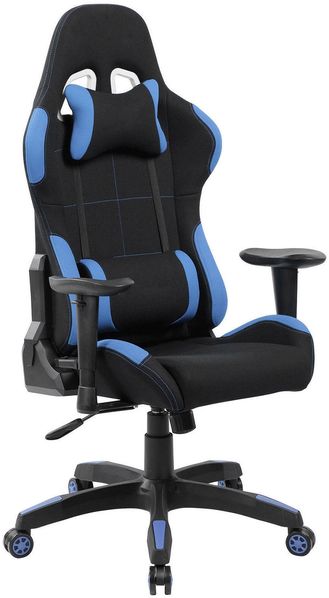 Dmora Stuhl mit Rädern Mindy, Gaming-Sessel für Erwachsene, Schreibtischstuhl, 57x72h124/134 cm, Schwarz und Blau