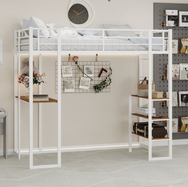 Hochbett 90x190 cm mit Schreibtisch und beidseitigen Leitern – Metallbett in Weiß