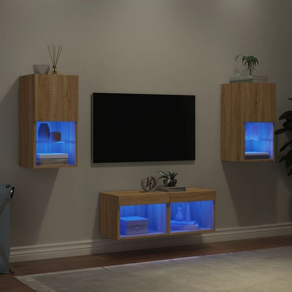 vidaXL 4-tlg. TV-Wohnwand mit LED-Leuchten Sonoma-Eiche 3216571