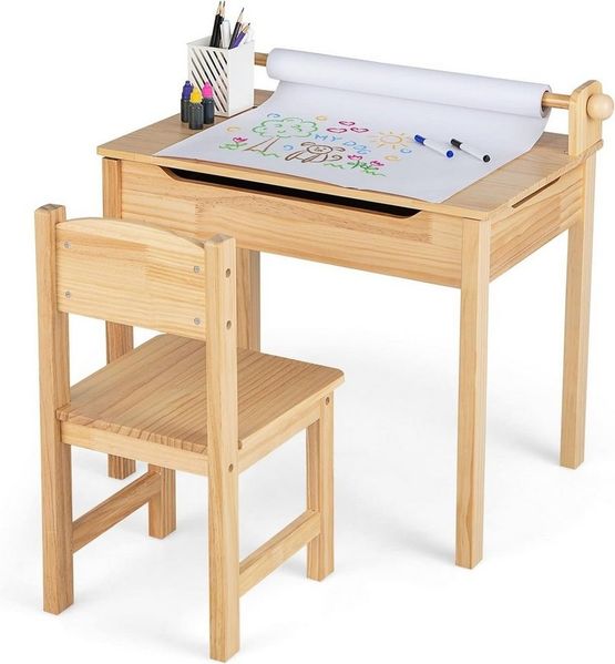 KOMFOTTEU Kindertisch mit Stuhl, aufklappbare Kindersitzgruppe, zum Malen Spielen Essen
