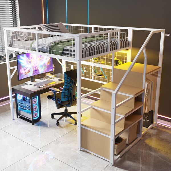 Hochbett, Metall mit Stauraumtreppe & LED, 140x200 cm, Weiß, ohne Matratze