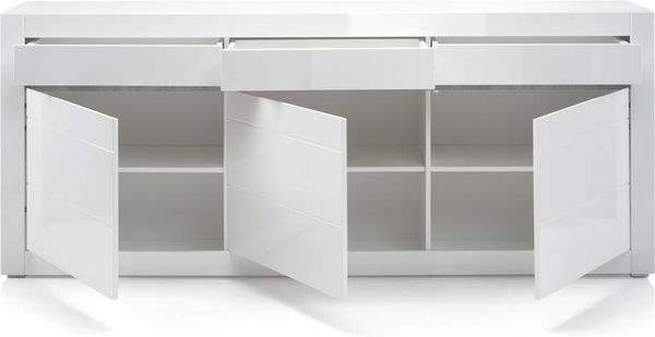 Sideboard und Wandboard Set in Hochglanz weiß mit Griffmulden in Betonoptik BxHxT: 217 x 165 x 42 cm
