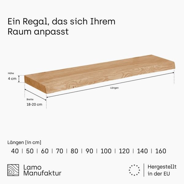LAMO Manufaktur Wandregal Pure: ohne Montage Set 40 cm, Komplett-Set, 40mm stake Massivholzplatte