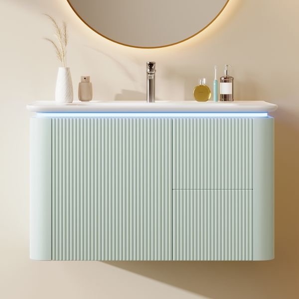 Flieks Wandhängender Waschtisch 80.5×47.5×51 cm mit Keramikbecken, LED-Radar-Beleuchtung, 4 Schubladen, vertikale 3D-Struktur, Voll-Lack, Mintgrün