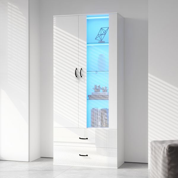 Vitrine 59,5x35x182 cm in Weiß, mit LED, 2 Türen und 2 Schubladen