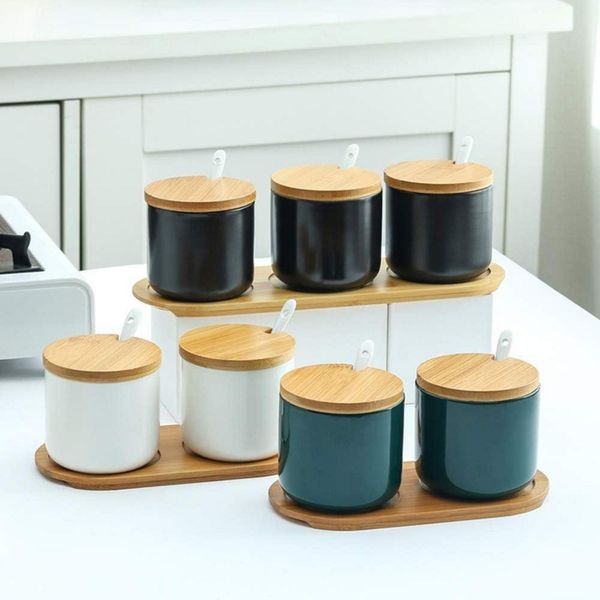 3er Set Keramik Gewürzdosen Salz Zuckerdose Löffel Bambus Deckel 260ml Bild 4