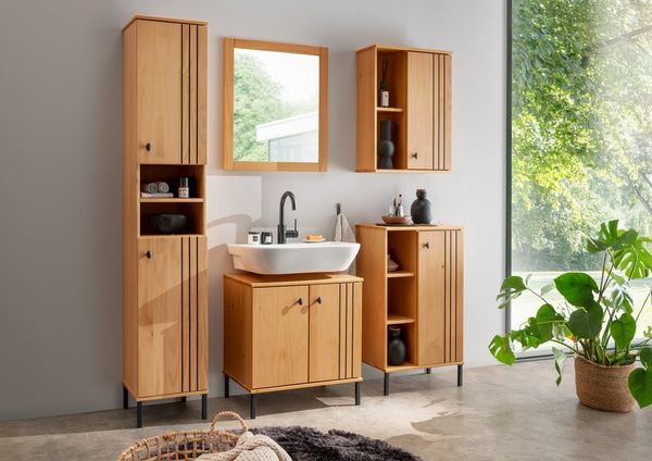 Woodroom Badmöbel-Set Sevilla, (Komplett-Set, 5-St, Kiefer massiv eichefarbig lackiert mit schwarzen Akzenten), Bad, Badmöbel, Badezimmer Möbel
