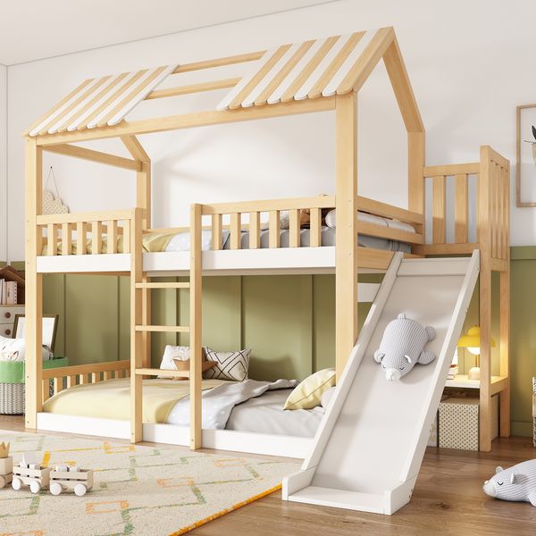 Merax Etagenbett, Hausbett, Hochbett, 90x200cm, mit Giebeldach, mit Regal und 35 cm Rutsche, sicherer Aufstieg, ideal für Familien mit zwei Kindern, Weiß&Natur