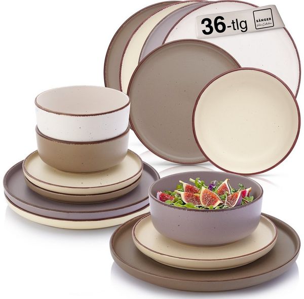 SÄNGER Geschirr-Set Bombay (36-tlg), 12 Personen, Steingut, Bombay Erdfarben, Handmade, Erweiterbar, VALUE COLLECTION