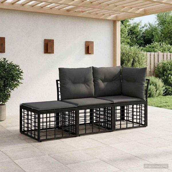 vidaXL Outdoor-Sofagarnitur mit Kissen 3 pcs Schwarz Polyester 3437441