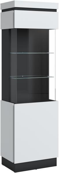 Glasvitrine >CAMPANIA< 1 Tür, 3 Böden, Alpinweiß / Anthrazit Dekor - 60x200x40cm (BxHxT)