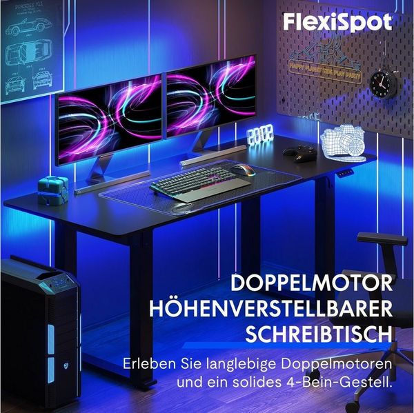 FLEXISPOT Schreibtisch Elektrisch höhenverstellbarer Tisch mit Doppelmotor (Höhenverstellbarer Schreibtisch elektrisch), 4-Beinen, 2 Motoren, 2-Fach-Teleskop