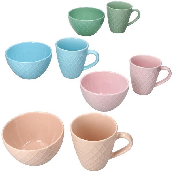 MamboCat Frühstücks-Geschirrset MamboCat Pastelli 8tlg Set Keramik bunt Waffel-Muster Schalen Becher, Keramik