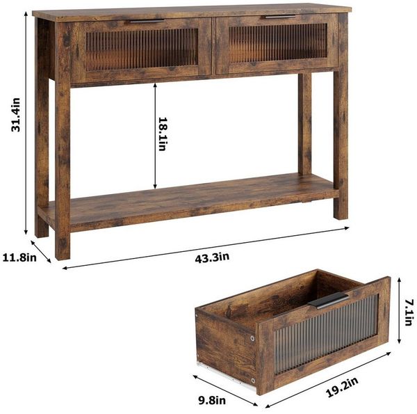 GarveeMore Konsolentisch Holz Konsole Tisch mit 2 Glasschubladen 2-Ebene Sofa Beistelltisch