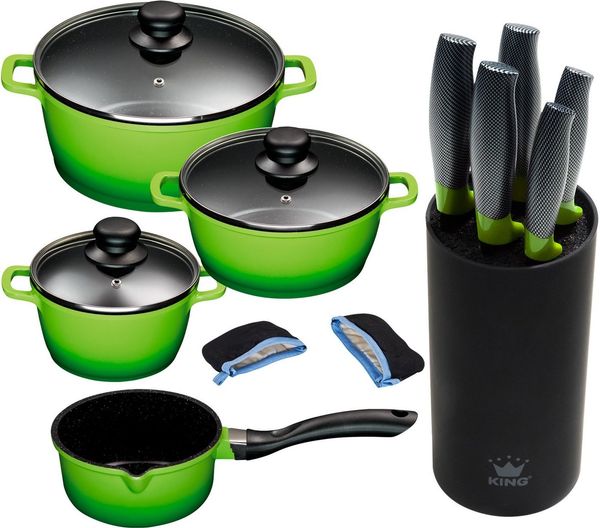 KING Topf-Set, Aluminiumguss (Set, 10-tlg, 4 Töpfe, 3 Deckel, 1 Messerblock, 5 Kochmesser), Induktion