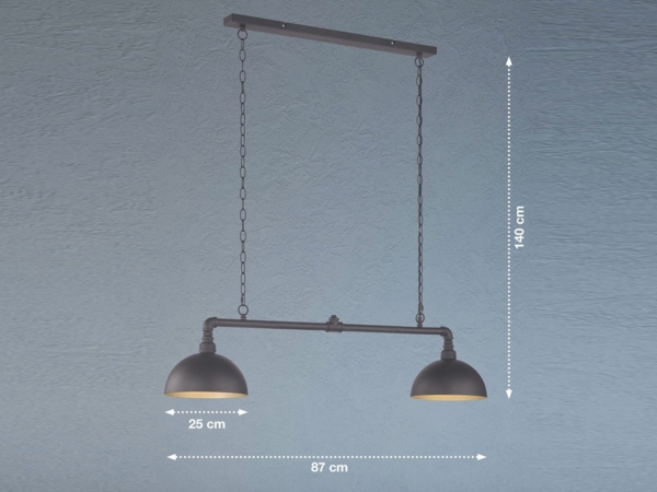 LED Pendelleuchte 2-flammig Industrial Schwarz Gold Design Rohr, Breite 87cm Bild 2