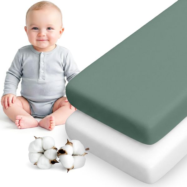 Dreamzie 2er Set Spannbettlaken Babybett 70x140 cm - Baumwolle Oeko-Tex - Spannbettlaken für Kinderbett/Babybett - Weiches Bettlaken für Kinderzimmer - Salbei/Weiß