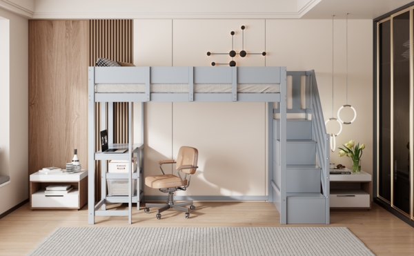 Graues Hochbett 90x200 cm Mit Stauraumtreppe Und Ablageregal Kinderhochbett Aus Massivkiefer Sicherheitsbett Mit Schutzgeländer Platzsparendes Etagenbett Jugendzimmer Stauraum Lösung Bild 5