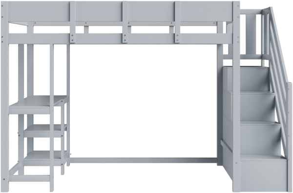 Graues Hochbett 90x200 cm Mit Stauraumtreppe Und Ablageregal Kinderhochbett Aus Massivkiefer Sicherheitsbett Mit Schutzgeländer Platzsparendes Etagenbett Jugendzimmer Stauraum Lösung Bild 9