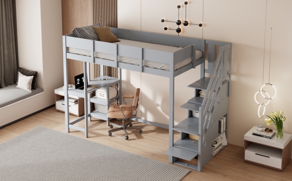 Graues Hochbett 90x200 cm Mit Stauraumtreppe Und Ablageregal Kinderhochbett Aus Massivkiefer Sicherheitsbett Mit Schutzgeländer Platzsparendes Etagenbett Jugendzimmer Stauraum Lösung Bild 4