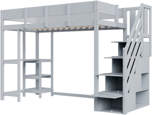 Graues Hochbett 90x200 cm Mit Stauraumtreppe Und Ablageregal Kinderhochbett Aus Massivkiefer Sicherheitsbett Mit Schutzgeländer Platzsparendes Etagenbett Jugendzimmer Stauraum Lösung Bild 10