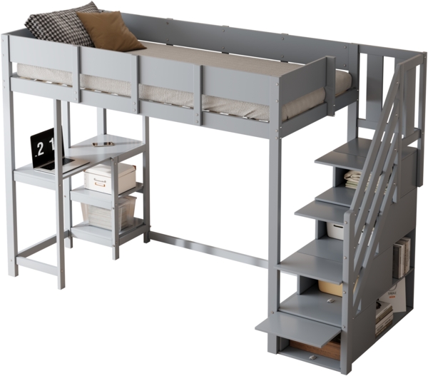 Graues Hochbett 90x200 cm Mit Stauraumtreppe Und Ablageregal Kinderhochbett Aus Massivkiefer Sicherheitsbett Mit Schutzgeländer Platzsparendes Etagenbett Jugendzimmer Stauraum Lösung Bild 7