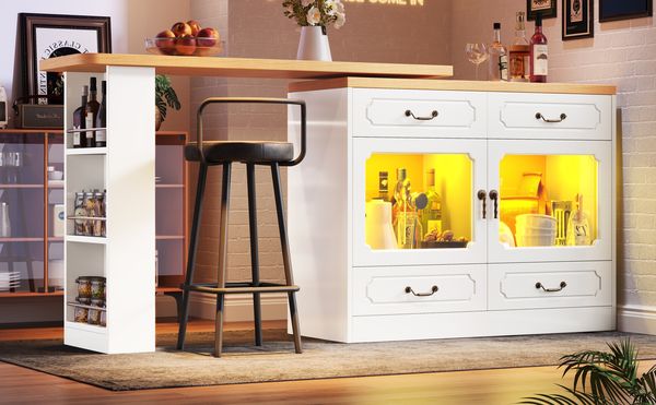 Bartisch mit LED-Beleuchtung & App-Steuerung 135-203x39x92,8 cm, 360° drehbar, weiß