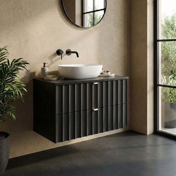 Waschbeckenunterschrank Azore 80 x 46 cm Schwarz Matt - Hängender Badezimmerschrank mit 2 Schubladen