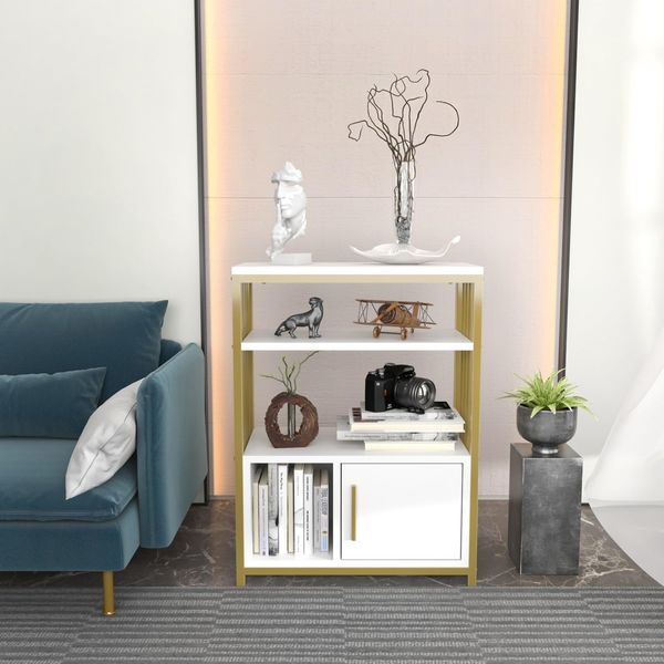 Hanah Home Elegant White & Gold Bookshelf, 60 x 80 x 29.6 cm | 100% Melamine Coated Particle Board, 18 mm Thick | Stylish Storage for Modern Homes