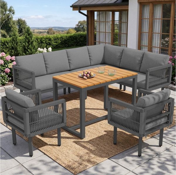 Flieks Gartenlounge-Set, 8-Sitzer Gartenmöbel Seilgeflecht, Ecksofa mit 2 Sesseln & Tisch