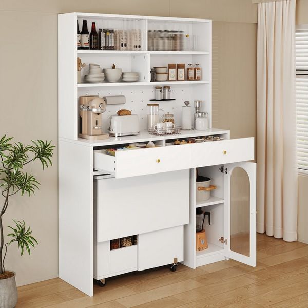 Flieks Küchenbuffet Hochschrank inkl. klappbar & beweglich Esstisch mit Rollen (Set, 2-St, Buffetmaße: 120x45x180 cm, Tischplattemaße: 40/80/120x75x75 cm) Küchenschrank mit Lochwand&Glasschiebetür, Küchentisch mit Schuladen
