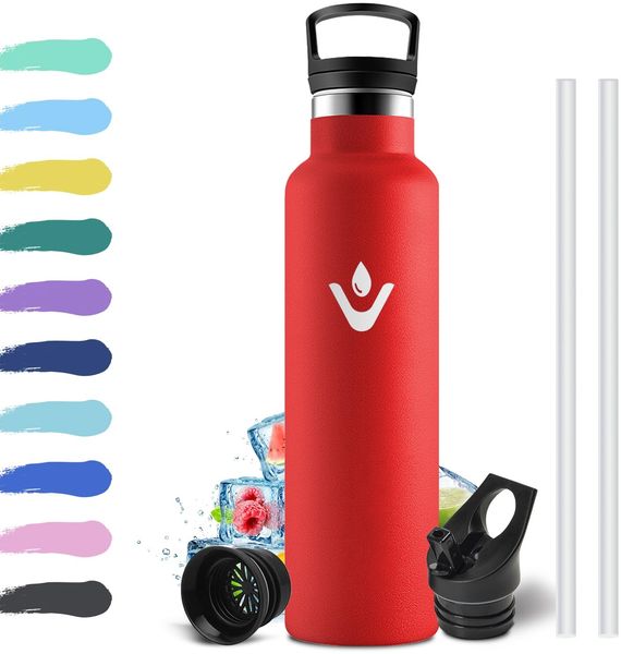 Trinkflasche Edelstahl 750ml, Wasserflasche mit Strohhalm, BPA-Frei, Auslaufsicher Isolierflasche Kohlensäure Geeignet, Doppelwandige Vakuumisolierte, Thermosflasche für Yoga, Schule, Camping