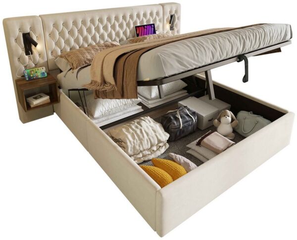 BlingBin Polsterbett Hydraulisch Stauraumbett Doppelbett (Bettanlage Schlafzimmer Komplett Set, 1-tlg, mit 2 Nachttischen, Kopfteil Leselicht mit USB Ladefunktion), 160×200 cm,Samt,Ohne Matratze