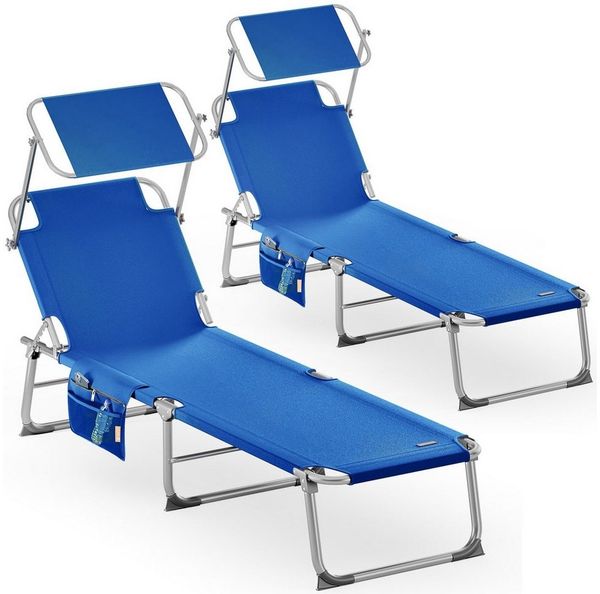 Casaria Gartenliege Ibiza, 2 St, Alu Sonnenliege Klappbar mit Dach 2 Personen Strand Camping Liege Blau