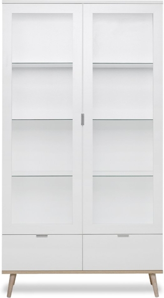 Finori Göteborg 54 Vitrine, weiß / Dekor Sonoma Eiche | Vitrine für Wohnzimmer | Maß: B x H x T ca. 100 x 186 x 40 cm | Vitrine mit 2 Glasrahmentüren (dahinter 6 Glasböden) und 2 Schubladen