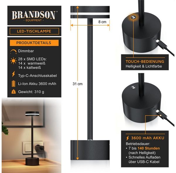 Brandson LED Tischleuchte Tischlampe, stufenlos dimmbar, 3 Lichtfarben, Akku 3600 mAh, Touch, Dimmfunktion, Ein-/Ausschalter, Farbwechsel, mehrere Helligkeitsstufen, LED fest integriert, Kaltweiß, Neutralweiß, Warmweiß, Tischlampe kabellos, USB-C, Schr...