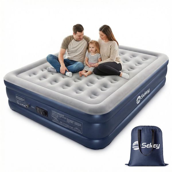 Sekey Luftbett mit integrierter Luftpumpe, Luftmatratze selbstaufblasend 2 Personen, 203 x 152 x 46 cm, blau / grau