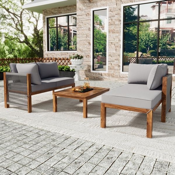 Flieks Gartenlounge-Set, 4-Sitzer L-förmiges Gartenmöbel, 2 Sofas mit 1 Tisch aus Akazienholz