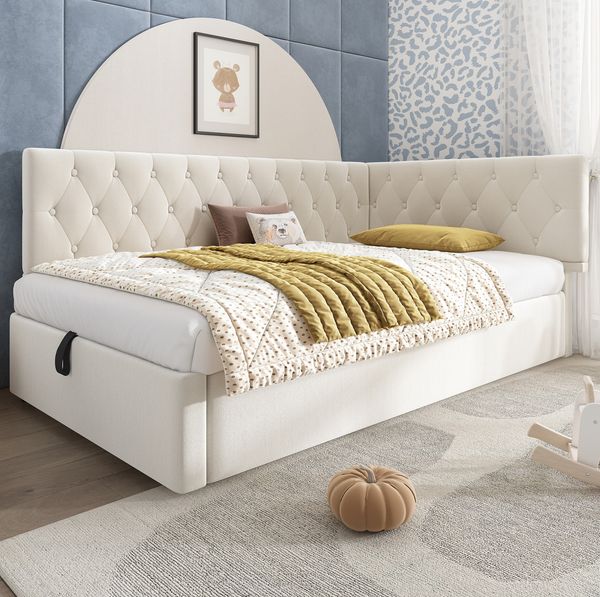 Polsterbett 90x200 cm aus Samt mit hydraulischem Stauraum – L‑förmiges Daybed, beige