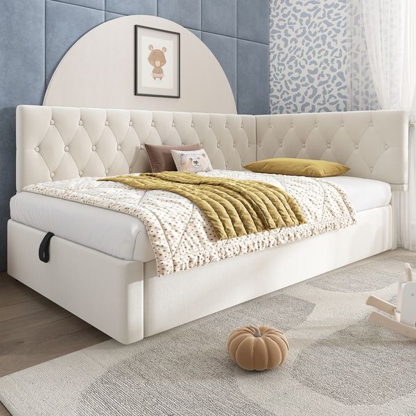 Polsterbett 90x200 cm aus Samt mit hydraulischem Stauraum – L‑förmiges Daybed, beige
