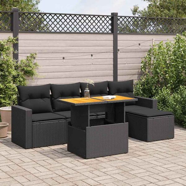 vidaXL 6-tlg. Garten-Sofagarnitur mit Kissen Schwarz Poly Rattan 3327023